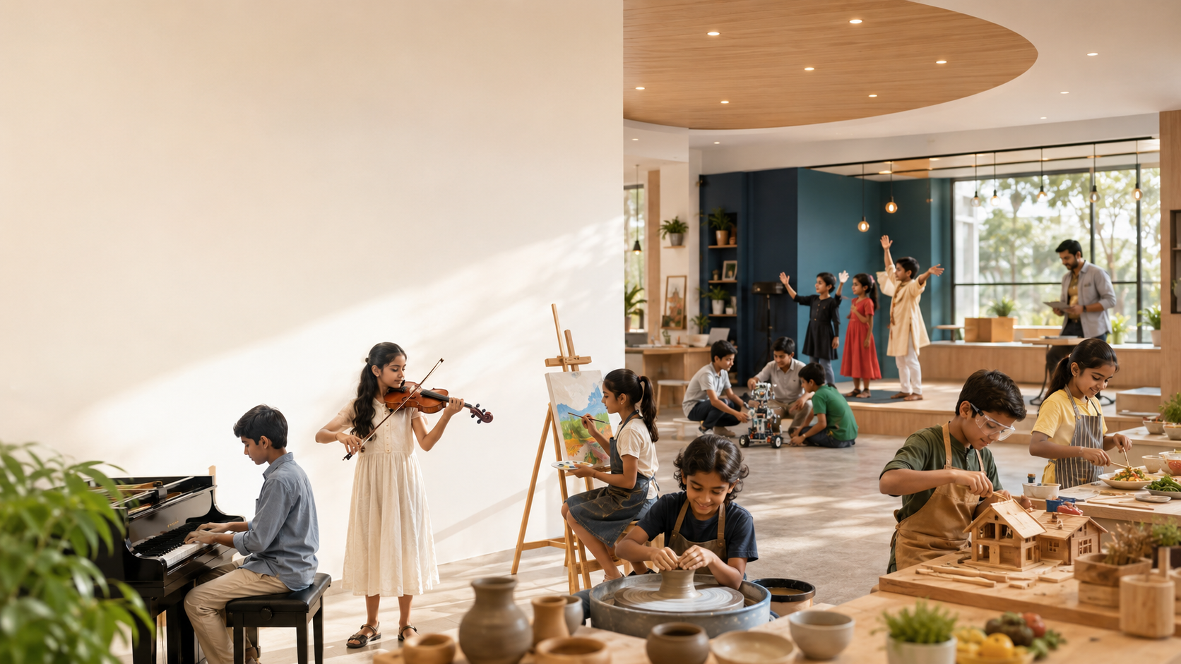 Children learning music, painting, pottery, carpentry, cooking and robotics in a modern creative studio